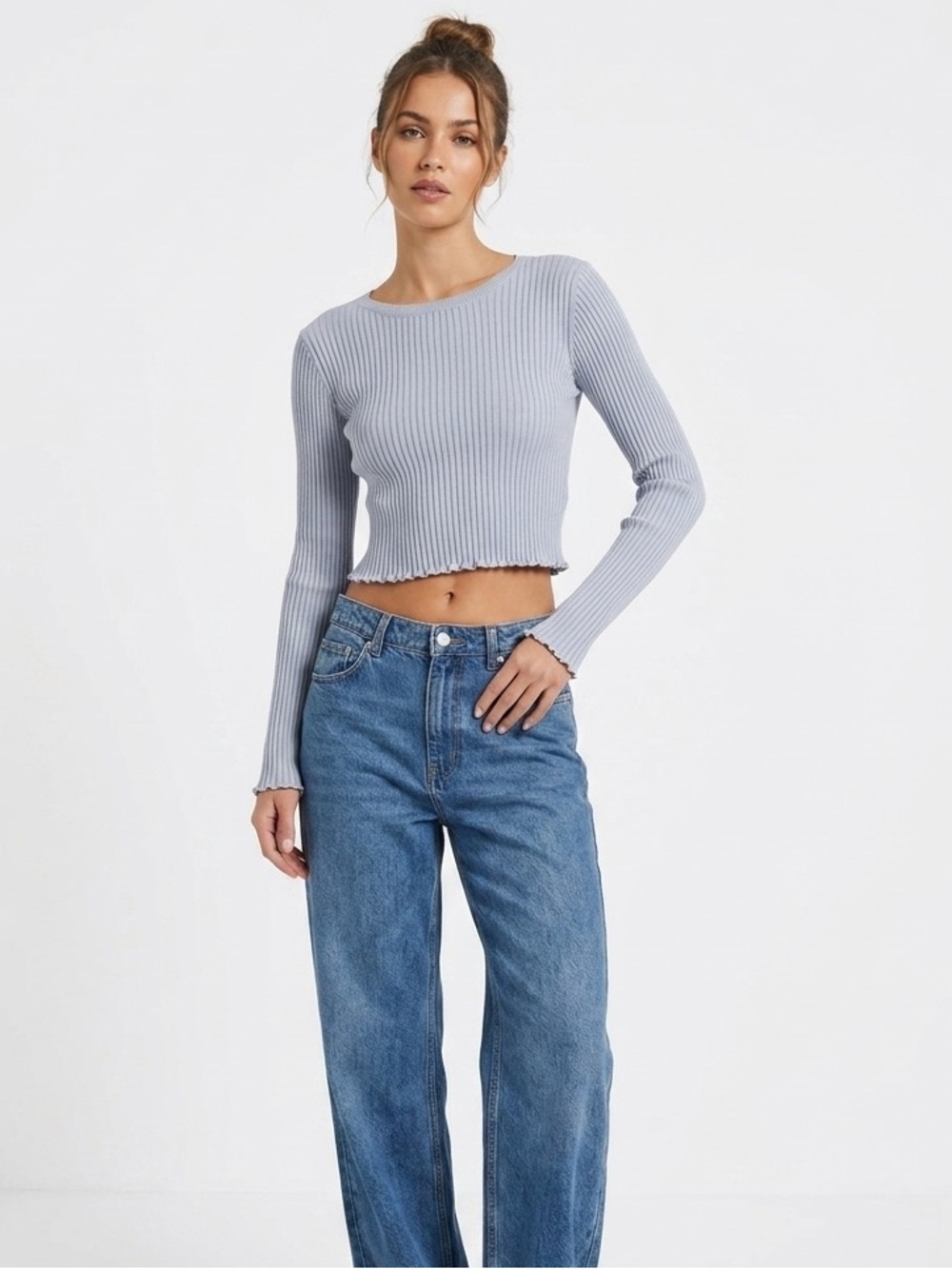 Sinsay Light Blue Ribbed Long Sleeve Top Size Medium NWT